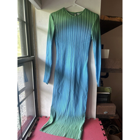 Arthur Apparel Box Pleat Midi Dress Long Sleeve Ombre Green Blue 8 - Picture 5 of 6